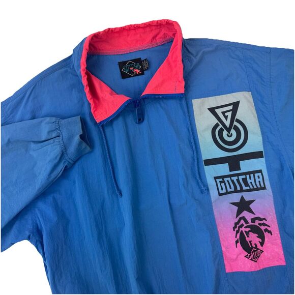 Vintage Gotcha Surf Skate Windbreaker Jacket M Blue Pink 80s 90s Nylon Pullover - Picture 1 of 13